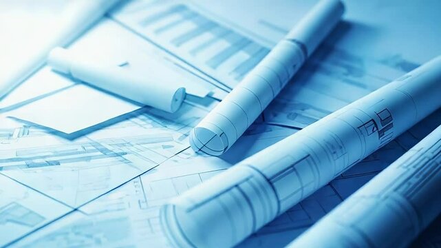Rolled blueprints resting on architectural drawings displaying floor plans - Powered by Adobe