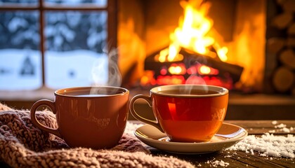 Cozy winter cups by fireplace