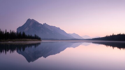 Obraz premium Serene lake reflecting mountain peaks under a clear twilight sky