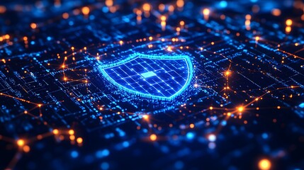 Digital shield graphic on a circuit board.