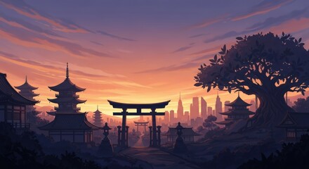 Serene Traditional Japanese Temple Scene During Sunset with Pagodas and Large Tree