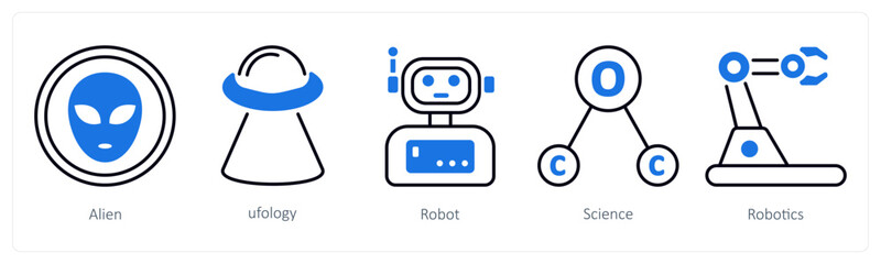 A set of 5 mix icons as alien, ufology, robot
