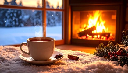 Cozy winter scene with tea by fireplace (1)