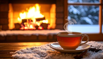 Cozy winter tea by fireplace