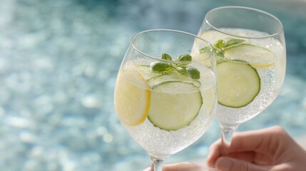 Two people toast with Spa Spritz cocktails featuring cucumber and lemon by a tranquil pool