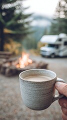 Holding a cup of coffee, a camper relaxes by a campfire with an electric vehicle parked nearby