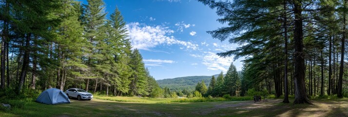 Campers enjoying a relaxing afternoon in a picturesque forest setting with a tent and electric vehicle