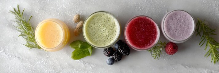 Colorful assortment of fresh smoothies in glasses with herbs and berries on marble surface