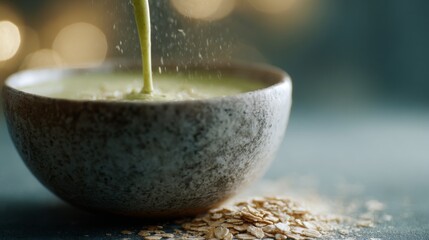 Smooth green smoothie pouring into a rustic bowl surrounded by scattered oats and soft bokeh