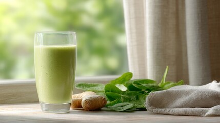 Green smoothie in a glass with fresh spinach and ginger on a wooden table by the window
