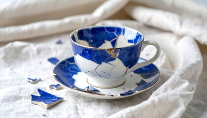 Cracked blue teacup on a white cloth