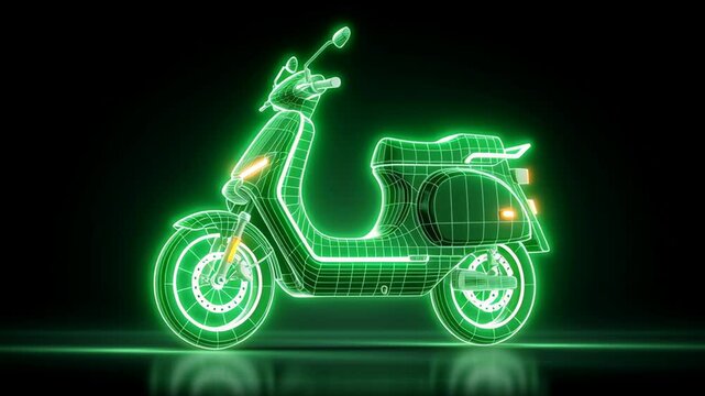 City charging network. Electric scooter bike glowing neon green light with futuristic 3D wireframe design and illuminated headlights on dark reflective floor background