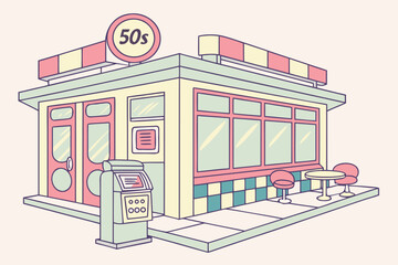 Illustration of a retro diner with a jukebox, chairs, and a table outside on the sidewalk area