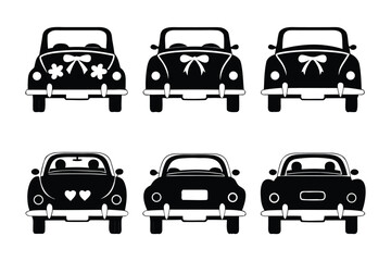 Fototapeta premium Automobile art: Six stylish black car illustrations adorned with charming decorations, ideal for design or celebrating a special day, evoking nostalgia and timeless appeal.