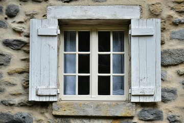 Fototapeta premium Old stone wall with weathered white window and shutter detail. Rustic, cozy aesthetic for travel blogs and historical presentations.