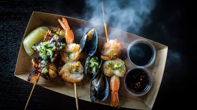 Overhead shot of grilled seafood skewers with shrimp, mussels, and other ingredients, served with two dipping sauces. Steaming hot, appetizing food photography.