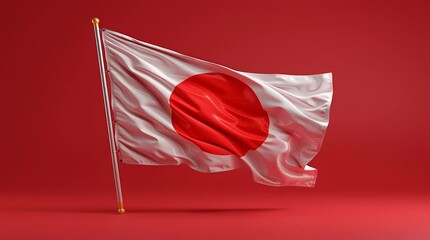 Waving Japanese flag illustration with a vibrant red background on a reflective surface and tall gold pole - Powered by Adobe