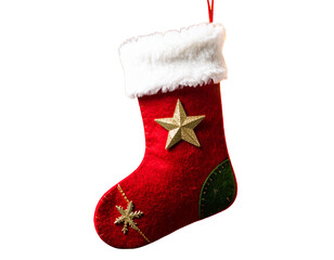 oyful red and green felt stocking with a thick white cuff and a bright, golden star   