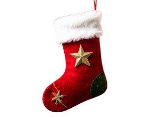 oyful red and green felt stocking with a thick white cuff and a bright, golden star   