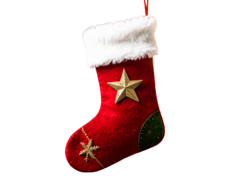 oyful red and green felt stocking with a thick white cuff and a bright, golden star   