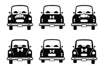Wedding Car Selection: A collection of six unique wedding cars, each adorned with elegant floral arrangements or charming bow ties, offering a stylish choice for a memorable day.