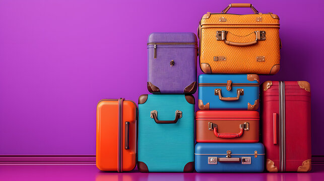 Assorted travel suitcases in various colors and styles, piled up on a vibrant purple background
