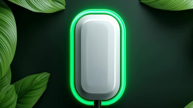 City charging network. Modern minimalist electric vehicle charging station with glowing green light surrounded by lush green leaves symbolizing eco friendly energy