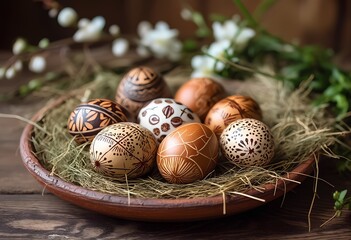 Beautiful Easter painted eggs in hay on clay plate on the table, close-up.