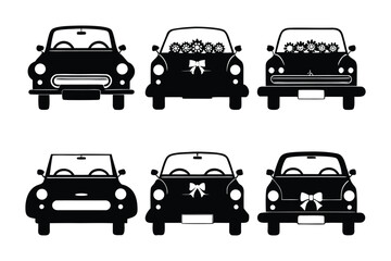 Vintage Wedding Car Silhouettes: A set of six elegant vintage cars in silhouette, ready for a special day. Perfect for wedding designs and adding a touch of classic charm.
