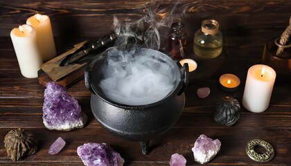 Witchy workplace. Steaming cast-iron pot, burning candles, amethyst crystals and glass bubbles on wooden background, close-up.