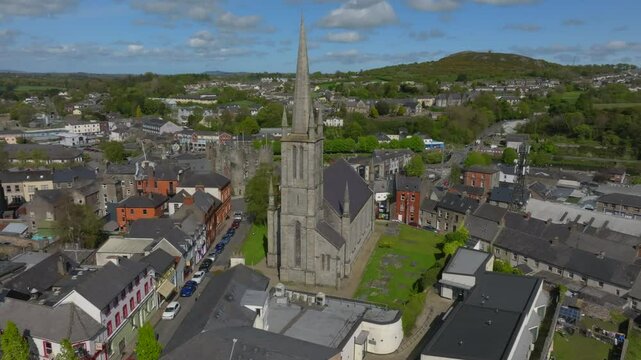 St. Mary's Church, Enniscorthy, County Wexford, Ireland, April 2025. Drone orbit from front of tower ascending counter clcokwise to establish side angle overview of building.
