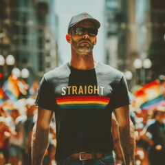 Urban Pride Celebration: Diverse LGBTQ+ Street Scene with Colorful Flags and Joyful Inclusivity in Modern Masculinity