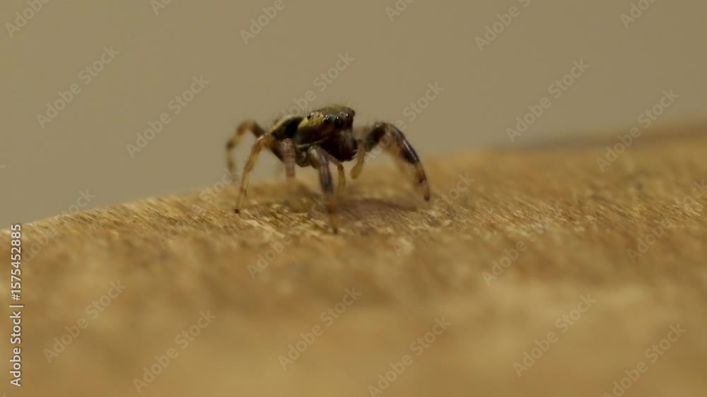 Poster tiny jumping spider with large eyes looking around in a macro shot