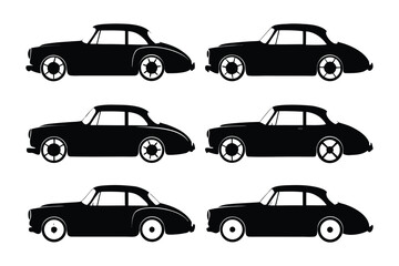 Classic Cars Silhouette: A collection of sleek, vintage coupe cars presented in striking black silhouettes, perfect for automotive design and transportation themes.