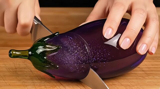 ASMR Close-Up: Slicing Hyper-Realistic Purples Glass Eggplant on Wooden Board