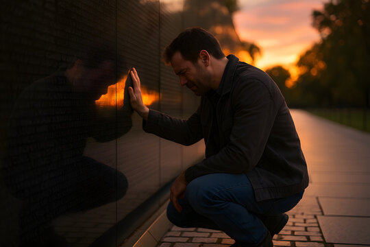 Man touching vietnam memorial wall reflection sunset remembrance day - Powered by Adobe