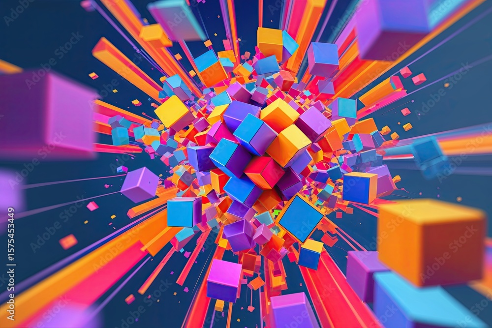 Poster vibrant 3d visualization of expanding cube clusters in dynamic geometric patterns