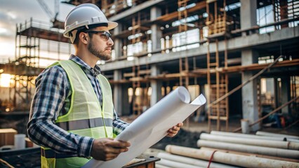 engineer with helmet, building in city on project.