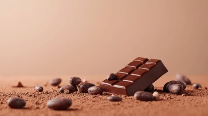 Fototapeta premium Dark Chocolate with Bar Cocoa Beans Powder Background Food.