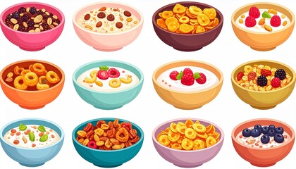 Assorted Bowls of Colorful Breakfast Cereals and Fruit Mix