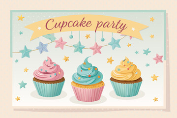 Outstanding Invitation Cupcake Party with Stars - Cozy and Intimate Visual Story Great for Advertisi