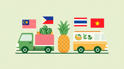 ASEAN Logistics Hub Truck with International Flag Containers on Green Background