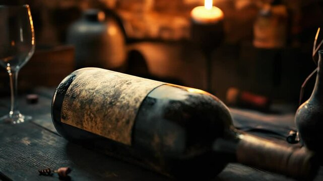 Dusty wine bottle lying on wooden table in cellar with glass and corkscrew