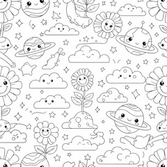 Obraz premium Adorable cartoon seamless pattern with smiling planets, stars, flowers, and clouds in a black and white outline style, great for kids.