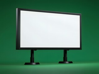 Blank digital display on adjustable stand against a green background.