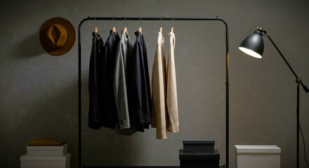 Capsule wardrobe displayed on an open rack with stylish coats and a hat in a modern setting copy space