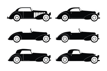 Classic Car Collection: A stylish collection of classic car silhouettes, showcasing various vintage car body styles in sleek black against a white background.  