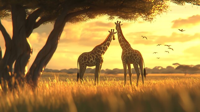 Fototapeta Pair of giraffes captured in warm savanna high resolution picture