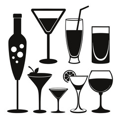 Assorted beverage glasses and bottle silhouettes cocktail glasses wine glass