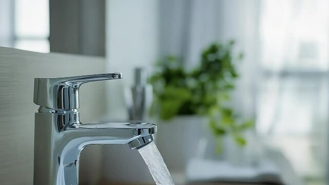 Modern chrome faucet pouring water into sink in bathroom